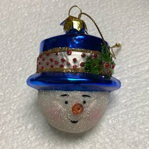 New blue top hat snowman Christmas ornamentglass